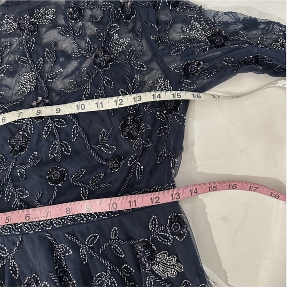 NEW $598 Mac Duggal [ 4‎ ] Beaded Floral Long Sleeve Midi Dress Navy Blue - Picture 12 of 13